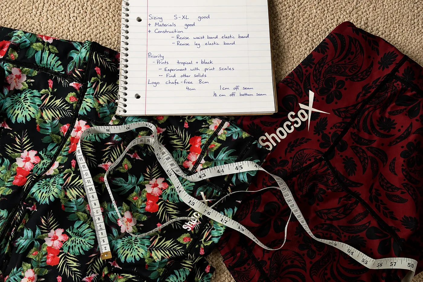 ShocSox design process — shorts, notebook, and measuring tape